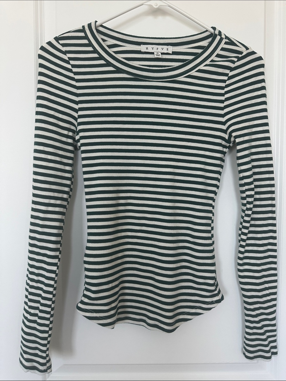 HyFVE Women's Long Sleeve Green and White Striped Ribbed Top